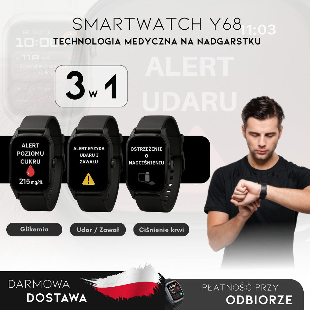 Smartwatch Y68 – Medyczny Monitor 3 w 1 (Glukoza, Ciśnienie, Ryzyko Udarowe) | Menu po polsku